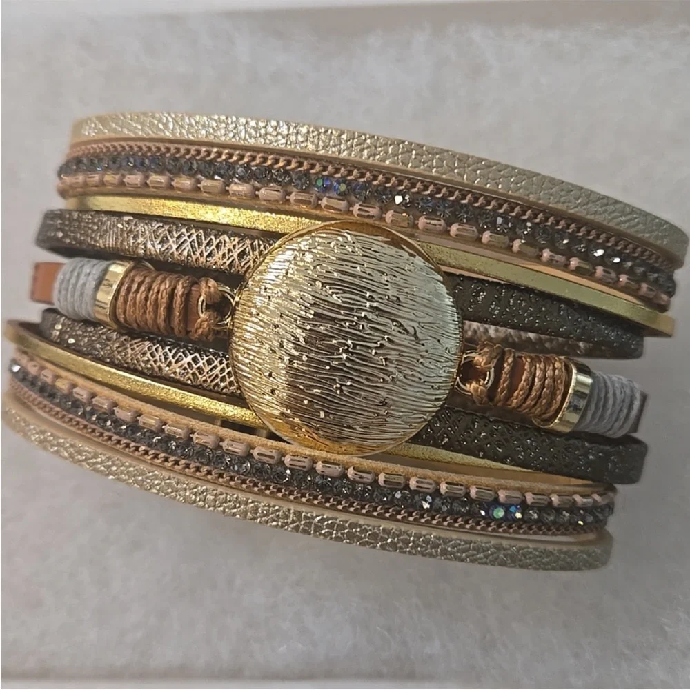 Gold Multi-Row Wrap Bracelet with Textured Button Closure